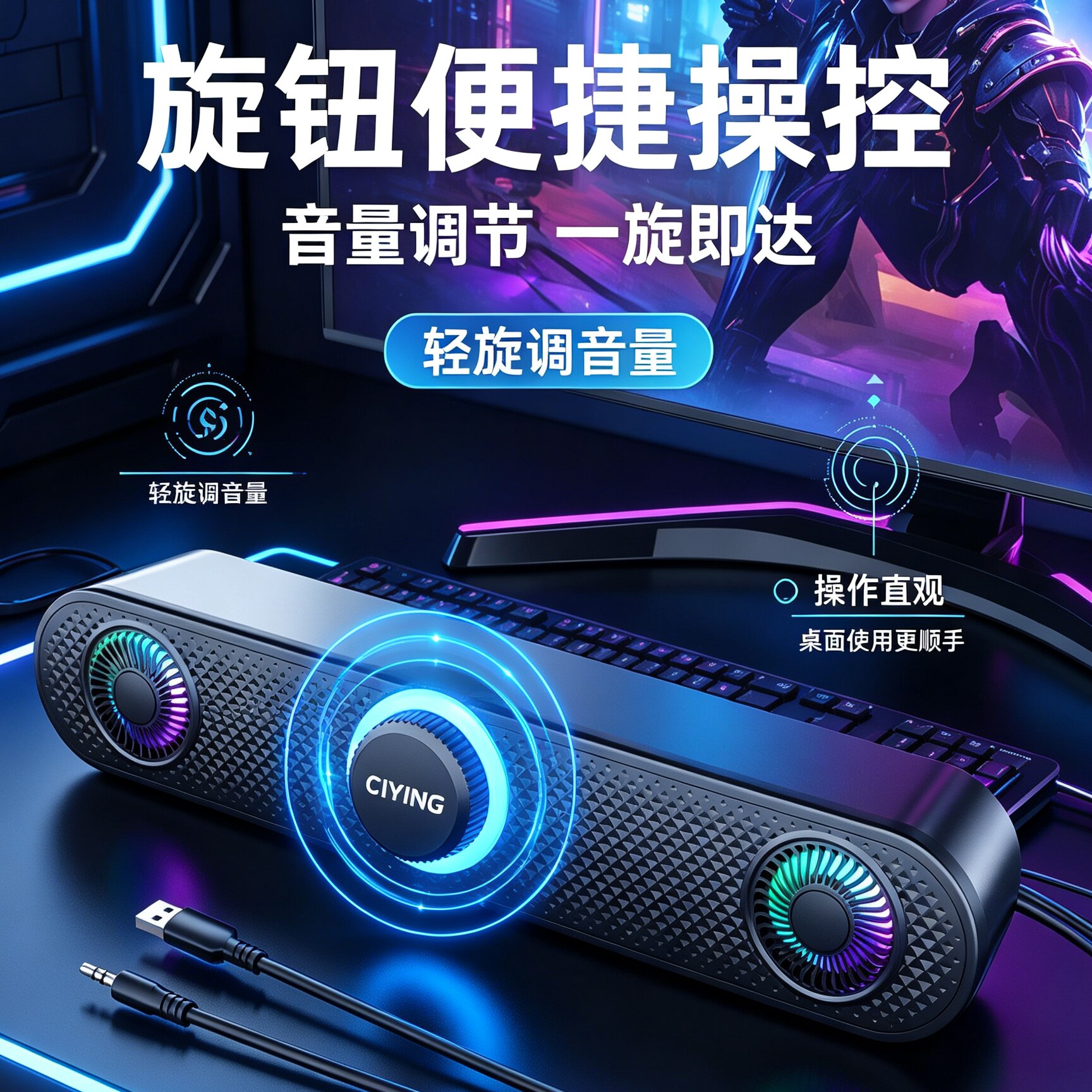 台式电脑音响笔记本桌面有线低音炮家用大音量电视小音箱长条彩灯
