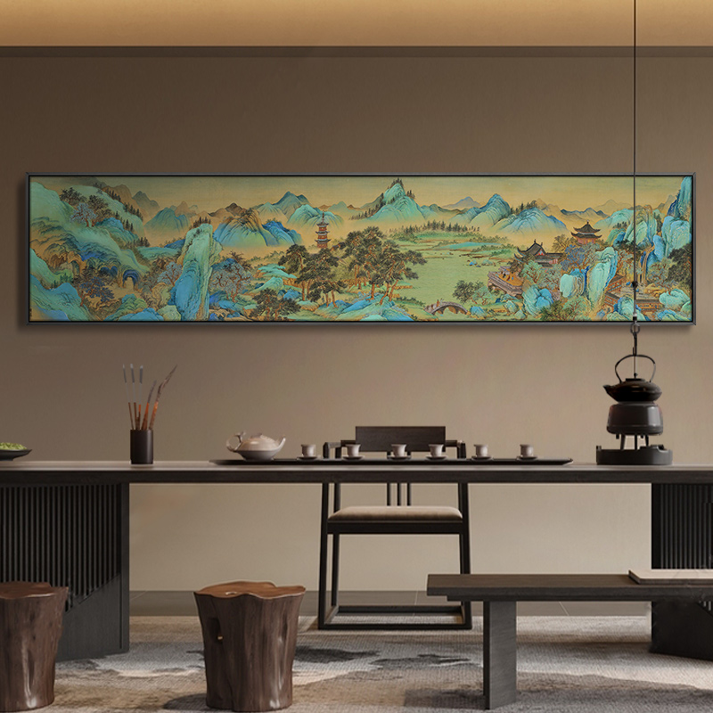 新中式长条屏沙发背景墙装饰画书房茶室山水挂画高档酒店民宿壁画
