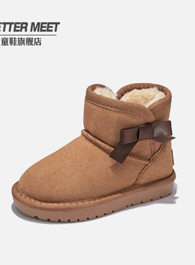 BETTER MEET冬季女童雪地靴蝴蝶结公主童鞋防水防滑加绒保暖棉鞋