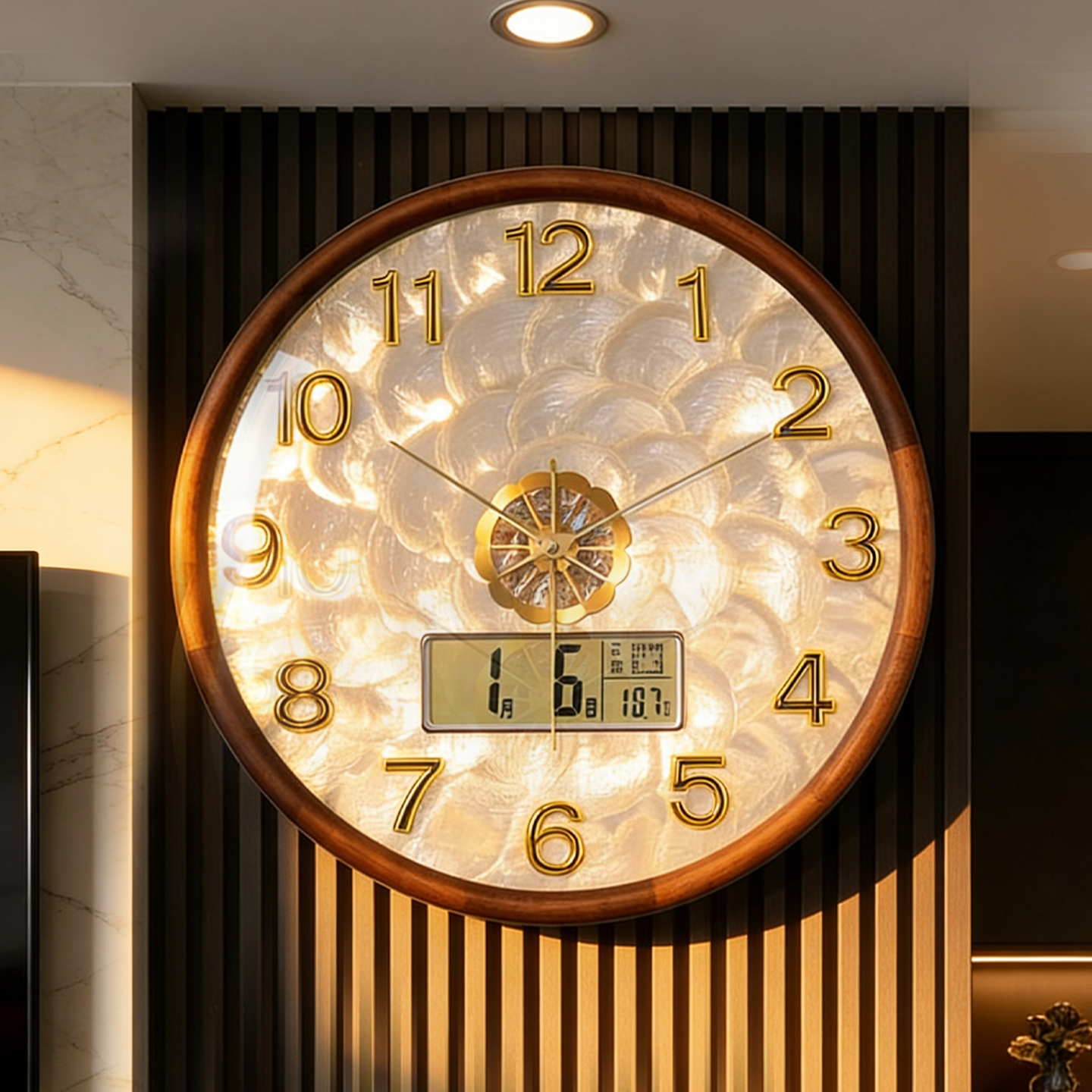 2026新款胡桃木贝壳挂钟轻奢高级感客厅挂墙钟表高端大气创意时钟,家居饰品,挂钟,淘宝优惠券,粉丝福利购,淘宝优惠卷
