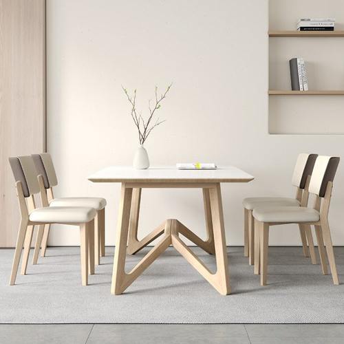 原木奶油风纯白哑光岩板餐桌实木白蜡木胡桃色北欧现代简约饭桌子