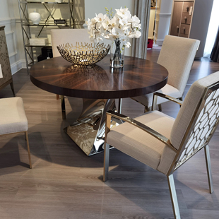 美克餐桌 美式轻奢古典金属时尚不锈钢桌腿拼花实木圆餐桌定制