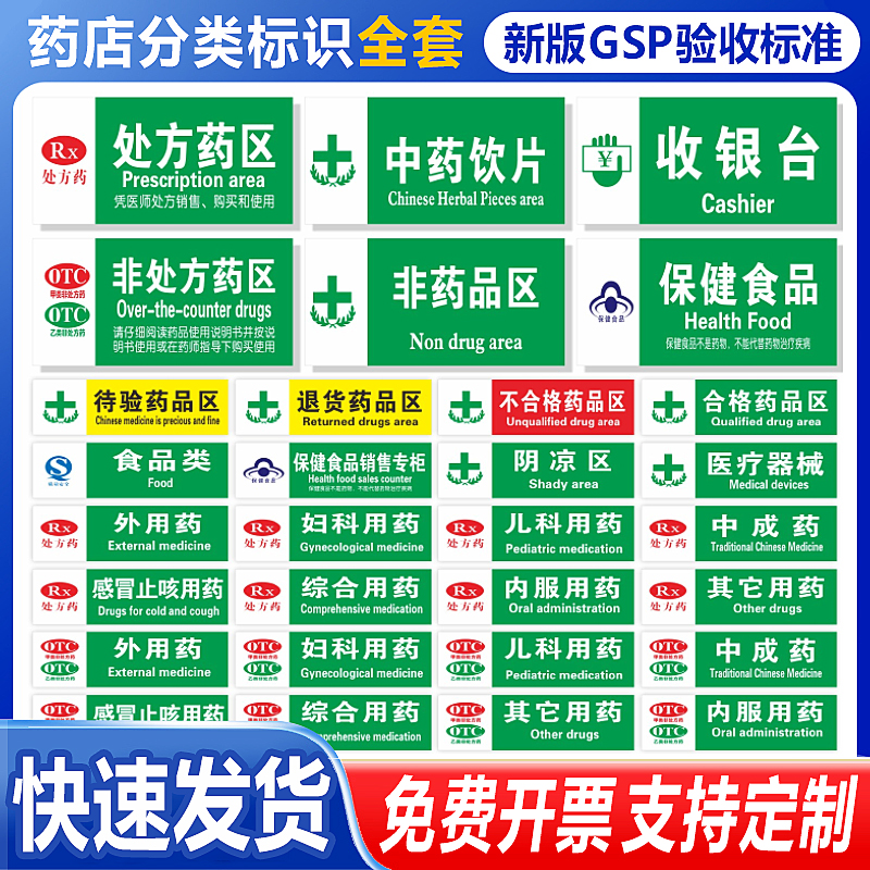 药房药店分类分区标识牌全套标签区域牌门诊医院诊所大药房药品分区域分组标识牌GSP认证贴纸标牌定制