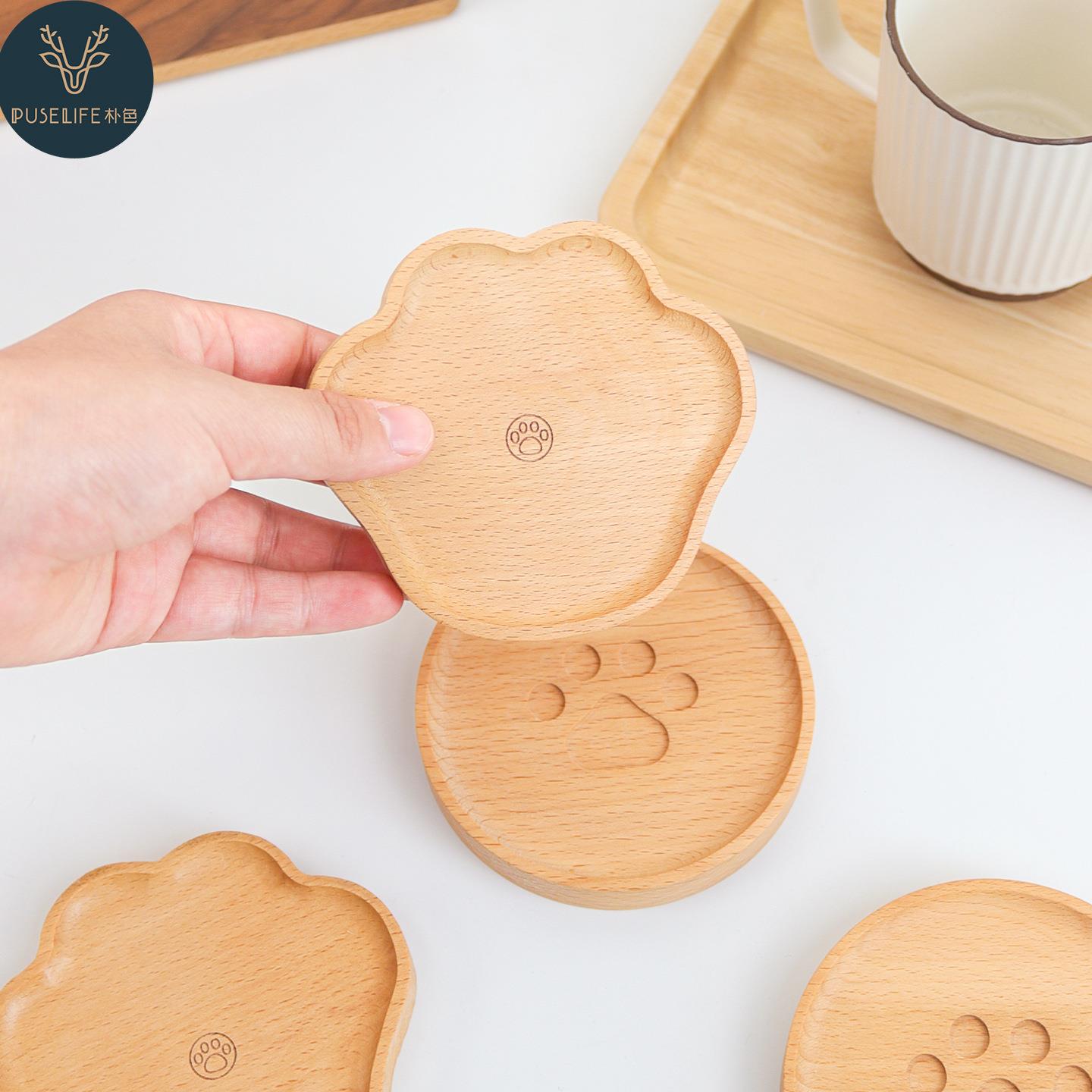 日式榉木小熊掌造型卡通杯垫木质小碟子咖啡杯隔热垫点心盘茶杯托
