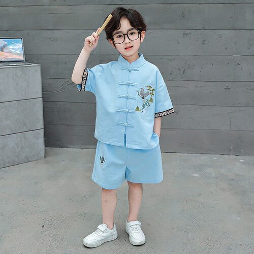 男童新中式套装2026夏款中国风刺绣短袖唐装儿童盘扣汉服两件