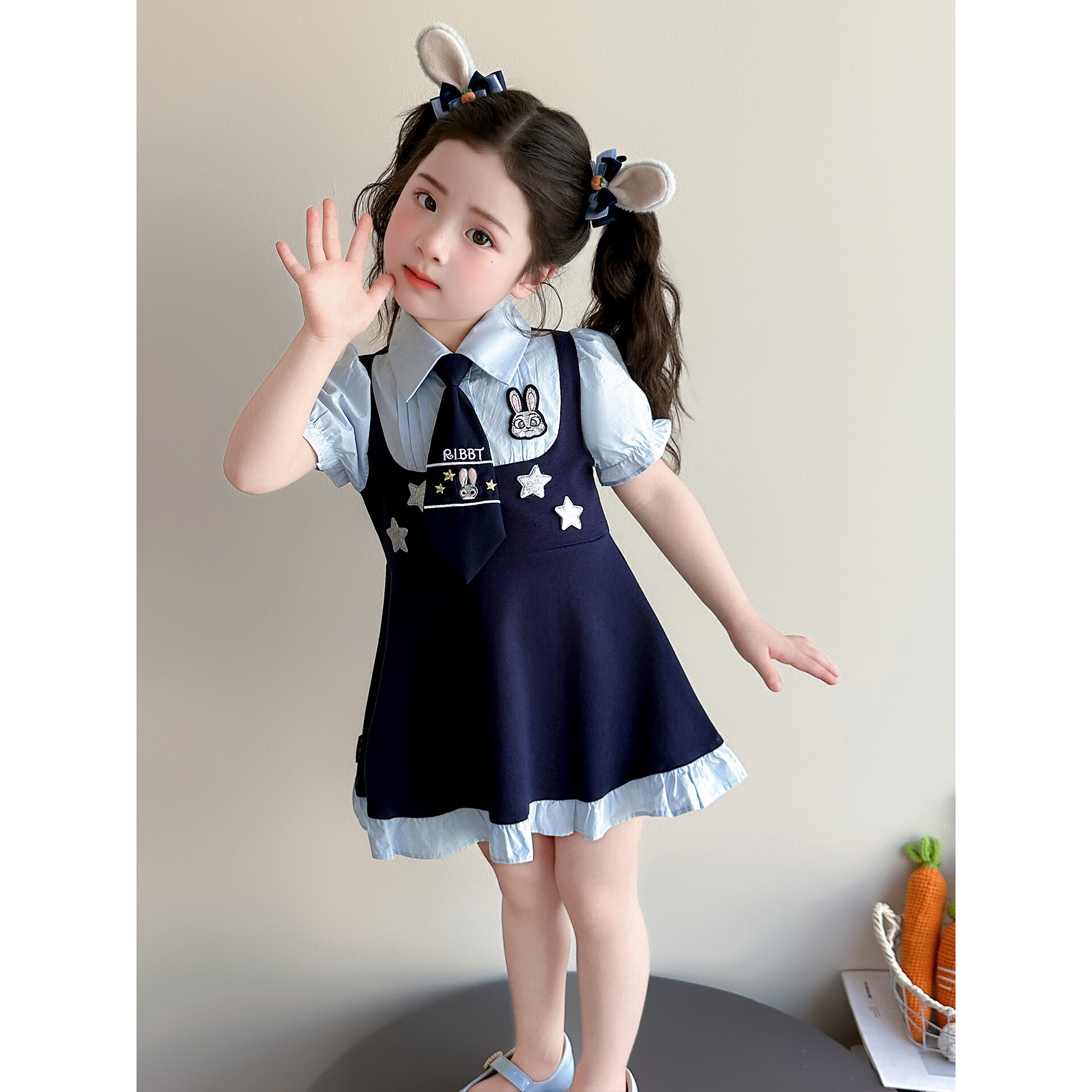 女童学院风连衣裙夏装2026新款儿童兔子警官女宝宝夏天洋气公主裙图片