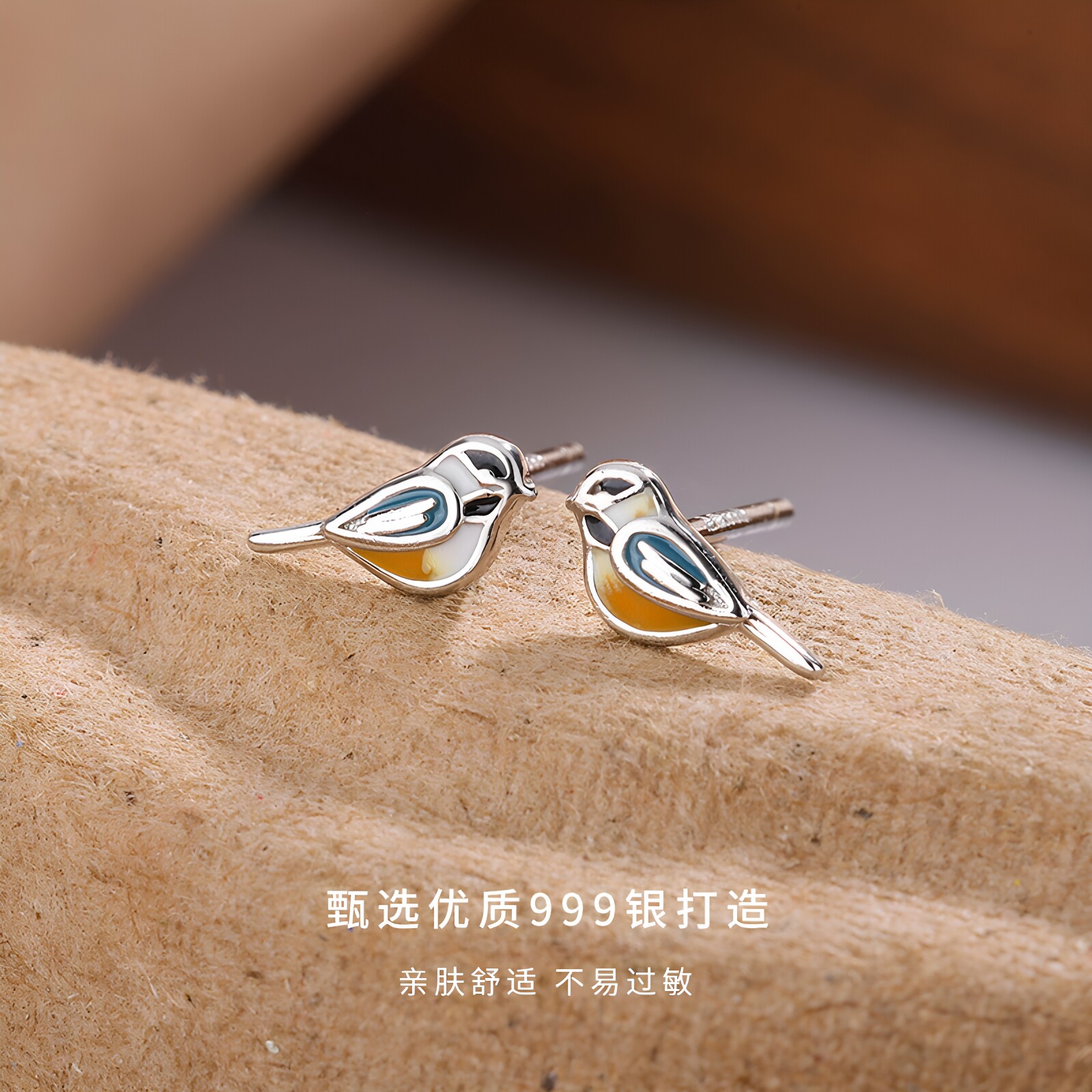 S999足银灵雀耳钉女中国风耳饰