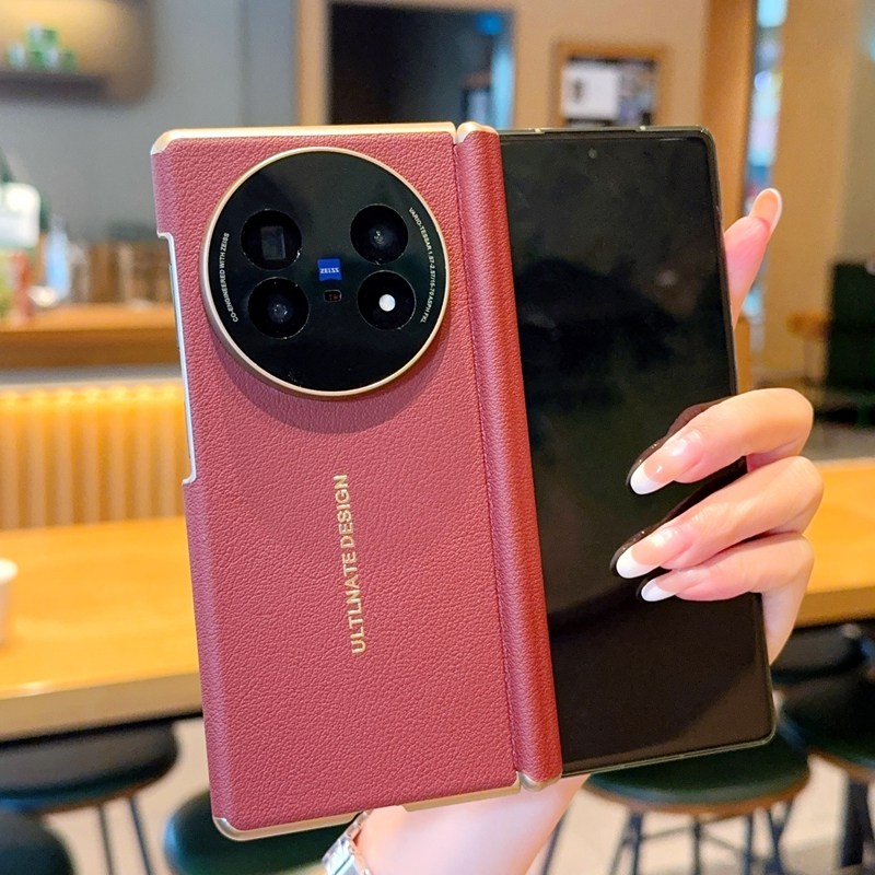 Fqo 香槟金边框荔枝皮纹适用于vivo X Fold5手机壳折叠屏双中轴铰链保护套创意皮革xfold5防摔磁吸商务后硬壳