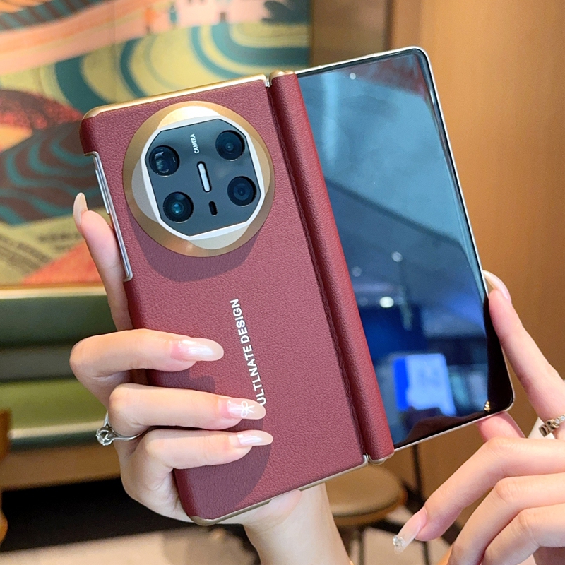 Fqo 香槟金边框荔枝皮纹适用于华为MateX6手机壳折叠屏双中轴铰链保护套创意皮革魅特X6防摔磁吸商务后硬壳男