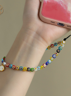 琼睿新款设计彩色千花琉璃白色小花朵手机链挂件绳手腕链子串珠手机挂绳精致手机壳挂件包包相机挂饰品高级女