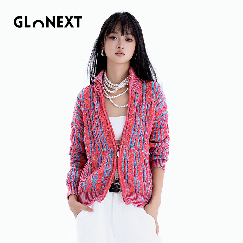 GLONEXT秋冬新款羊绒混纺撞色宽松绞花针织衫 男女同款外套开衫