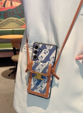 适用于三星C55手机壳潮牌蓝色斜挎卡包帆布皮革GalaxyC55个性时尚手机套网红女款奢华简约超薄全包防摔保护套