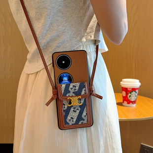 适用于华为Pocket2手机壳高级感棕潮牌蓝色卡包pocket2折叠屏个性时尚女款挂绳可背带超薄全包防摔保护套
