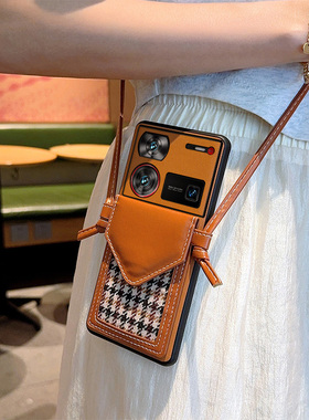 适用于努比亚z60Ultra手机壳高级感棕斜挎卡包Nubia Z6Ultra高级感女款挂绳可背带超薄全包防摔保护套