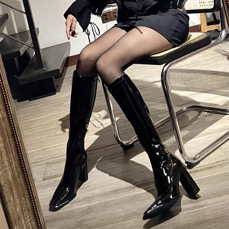肯豆同款长筒靴女高跟粗跟皮面加绒百搭2024新款冬高筒ann骑士靴