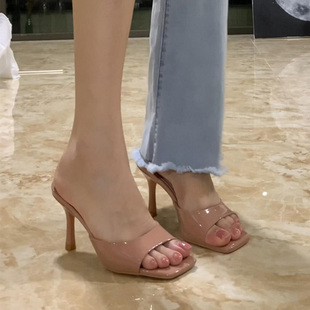 气质名媛绝美高跟鞋 裸色拖鞋 夏季 女细跟高跟方头百搭2025新款 凉鞋