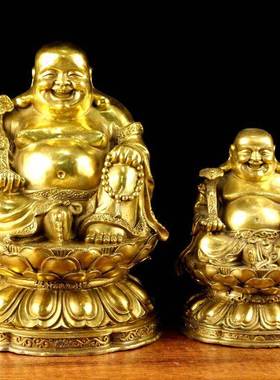 纯黄铜坐莲弥勒小中号 莲花座笑佛高25公分11cm米勒佛铜像