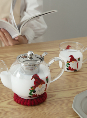 TaeFair 手绘红色圣诞老人耐热玻璃可蒸煮不锈钢滤网英式花茶壶