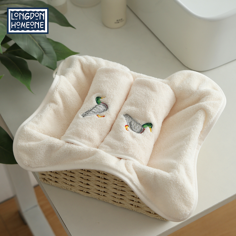 绿头鸭刺绣挂式擦手巾速干吸水珊瑚绒不掉毛加厚家用方巾洗手帕