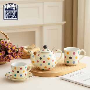 LondonPottery 米色彩点英式滤网茶壶马克杯杯碟三件套下午茶茶具