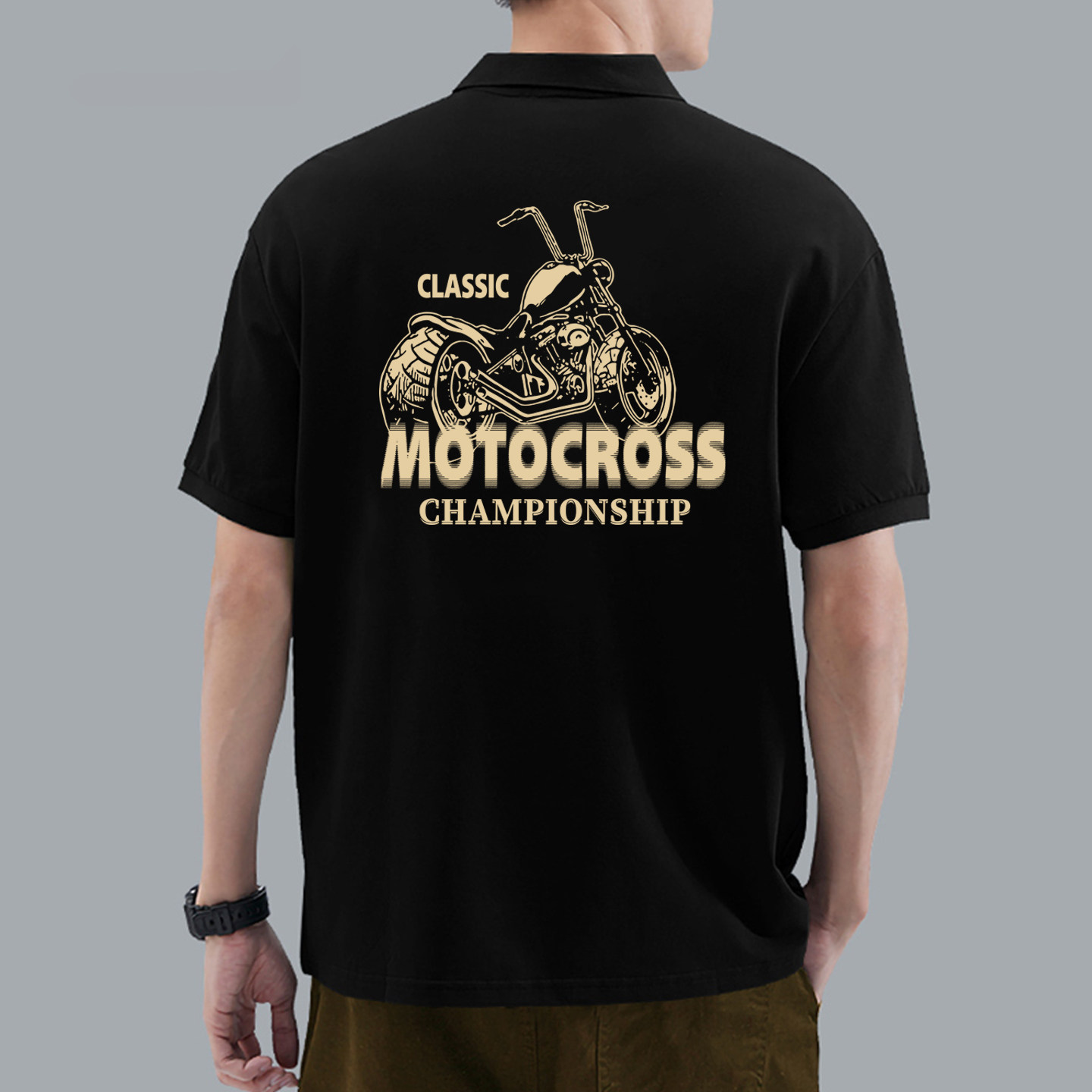 夏季新款机车风摩托车印花翻领Polo衫男短袖黑色休闲潮流有领t恤