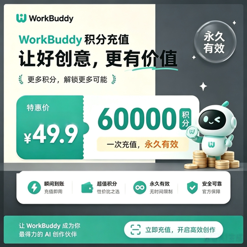 WorkBuddy Codebuddy 积分充值 49.9 元 60000 积分