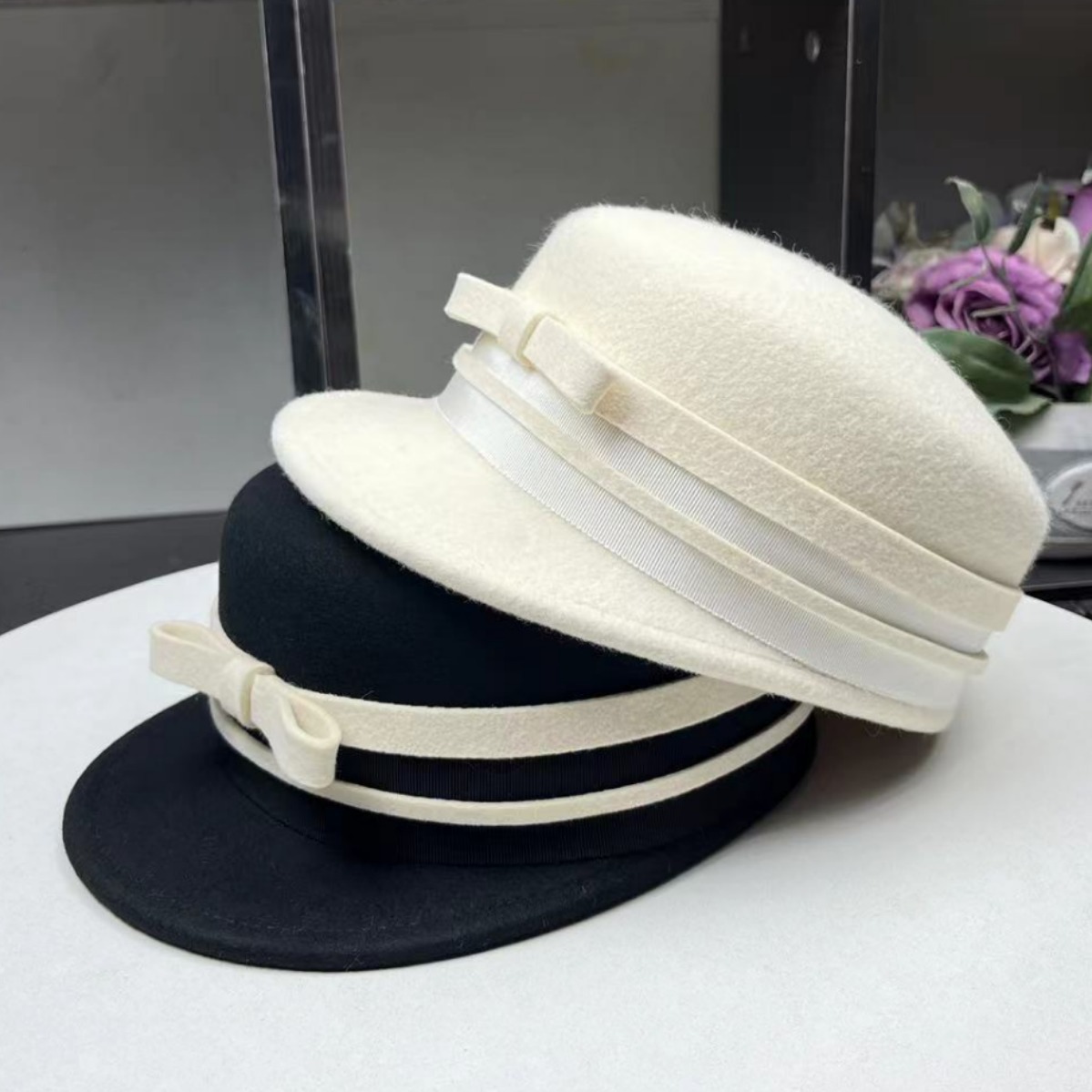 日本CA4款马术帽子女秋冬澳洲羊毛鸭舌帽小香风 撞色蝴蝶结贝雷帽