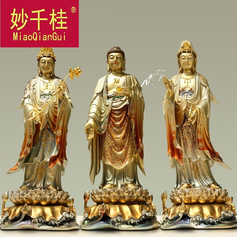 妙千桂纯铜西方三圣神像阿弥陀佛像观音佛像大势至菩萨铜雕珐琅镶
