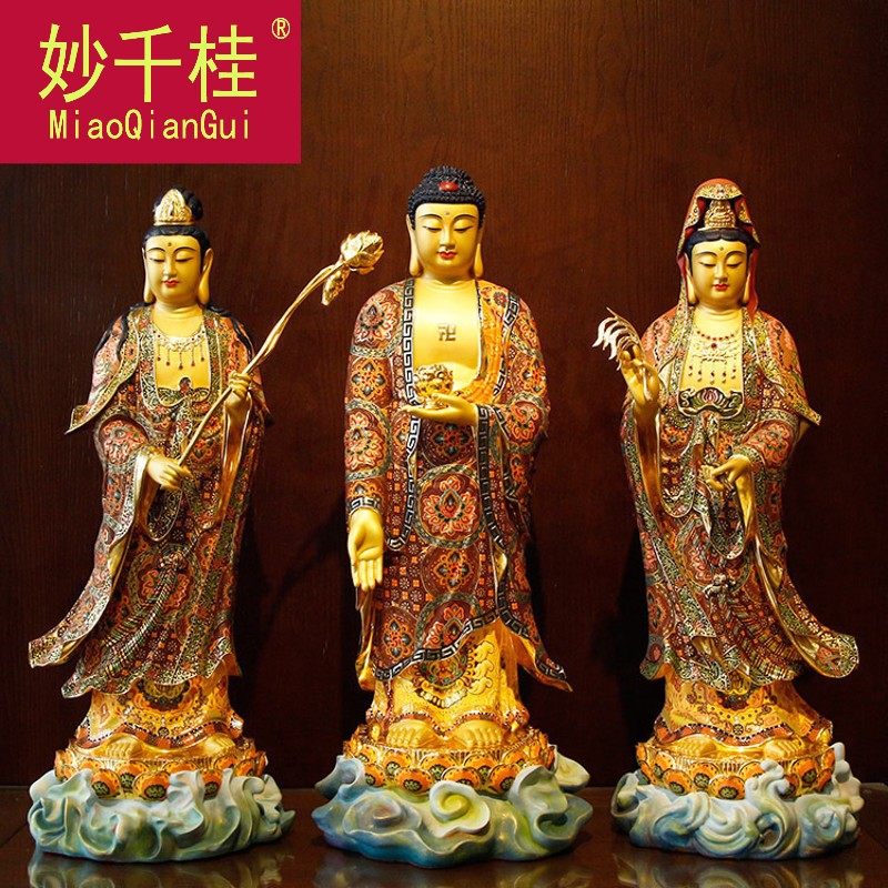 佛具台湾西方三圣佛像纯铜摆件手工彩绘阿弥陀佛大势至