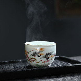 景德镇高白泥主人杯釉上粉彩陶瓷茶具单杯品茗杯松鹤缸杯带礼盒