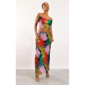 Skirt 印花压褶吊带上衣修身 Set Pleated Top 长裙两件套 Printed