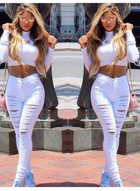 Fashion Ripped Jeans High Waist Skinny White Pencil Jean
