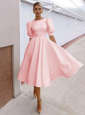 纯色修身性感大摆短袖裙 Women Solid Color Slim Fit Sexy Dress