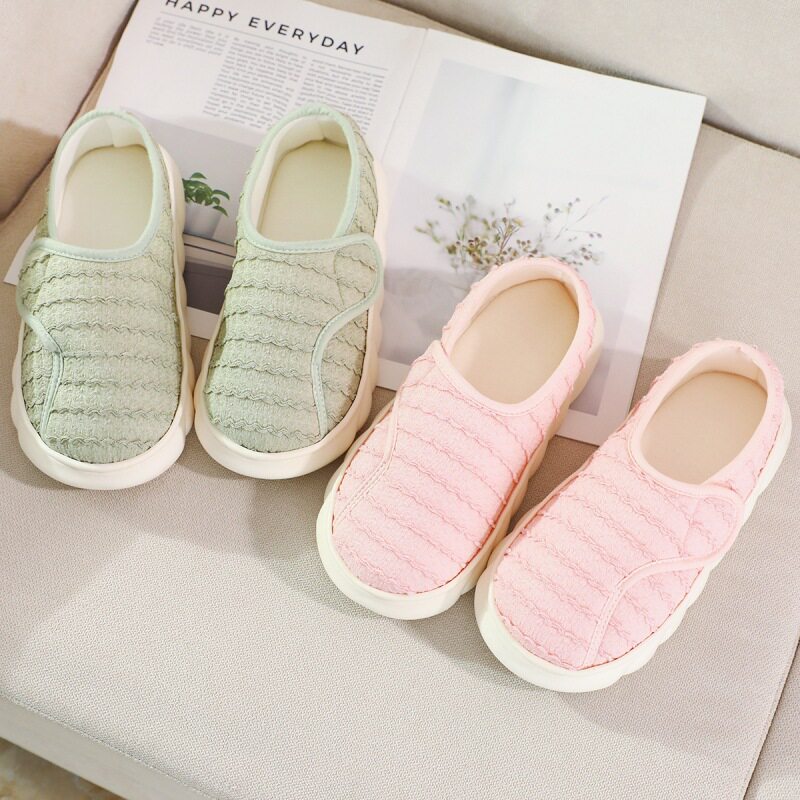 新款秋季月子鞋厚底包跟条纹棉拖鞋女产后软底防滑孕妇搭扣拖鞋