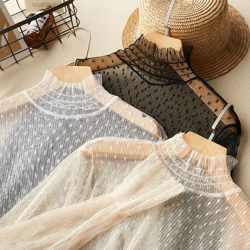 蕾丝打底衫女秋冬季高领超仙气质洋气喇叭袖长袖网纱神仙内搭上衣