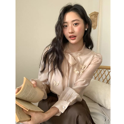 法式名媛风粉色雪纺衬衫女