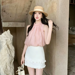 甜美气质雪纺衫2026夏季新款挂脖钉珠珍珠扣韩版温柔无袖背心女