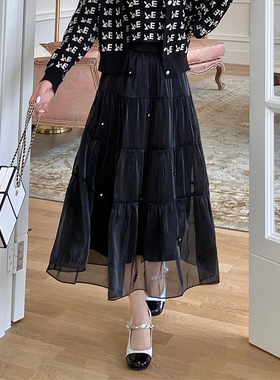 网纱黑色显瘦a字半身长裙2025新款早春欧根纱花朵浪漫温柔仙女裙