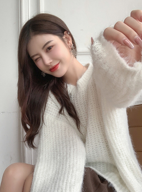 品质控！ 慵懒风奶fufu白色毛衣女初春毛茸茸软糯内搭宽松上衣