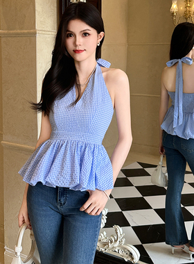 纯欲露背气质蓝色无袖挂脖背心女夏新款显瘦收腰肌理感无袖上衣