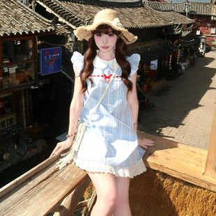 甜美风气质 官网法式 小飞袖 娃娃领蓝色格子连衣裙子女2025夏季 新款