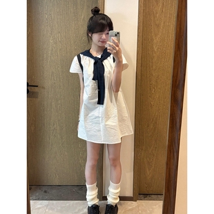 穿搭一整套装 官网2025新款 连衣裙子女夏季 韩系甜美泡泡袖 白色衬衫