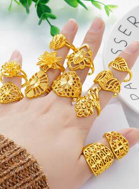 仿真黄金戒指女欧币越南沙金活口可调节大花戒子食指环饰品不掉色