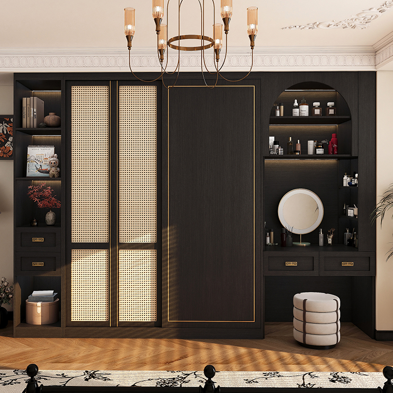 轻奢实木衣柜家用卧室推拉门现代简约美式藤编门衣橱组合柜子定制
