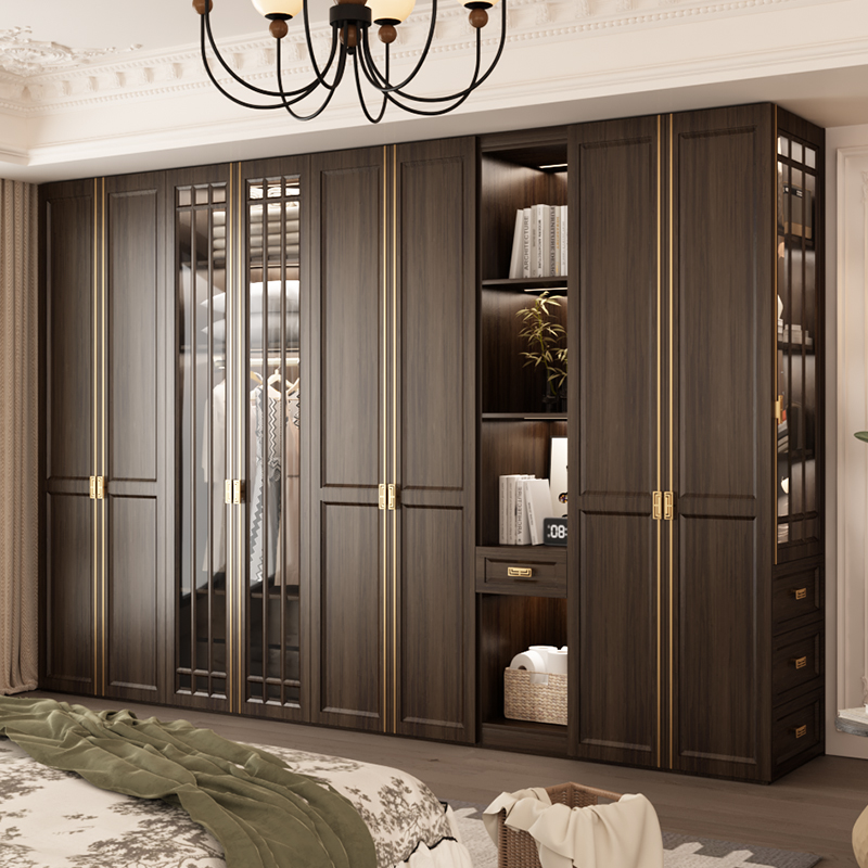 实木衣柜家用卧室2025新款中古风玻璃门大衣橱一门到顶欧松板柜子