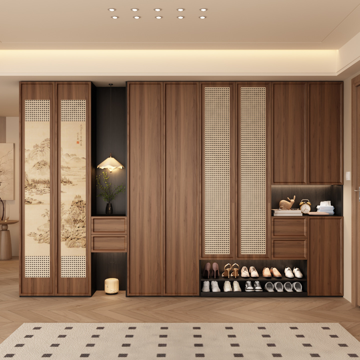 实木宋代美学鞋柜家用门口收纳柜一体靠墙复古藤编入户门厅柜定制,住宅家具,鞋柜,淘宝优惠券,粉丝福利购,淘宝优惠卷