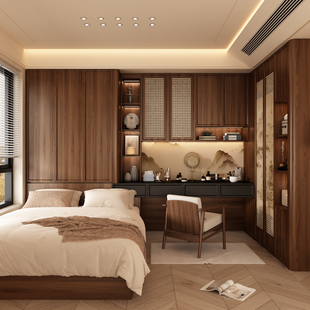 新中式榻榻米衣柜床一体组合储物柜卧室实木书桌书柜小户型双人床