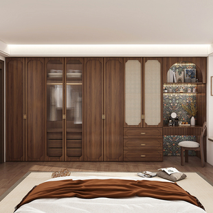 新中式 实木大衣柜家用卧室玻璃门衣橱梳妆台书桌一体衣帽间组合柜