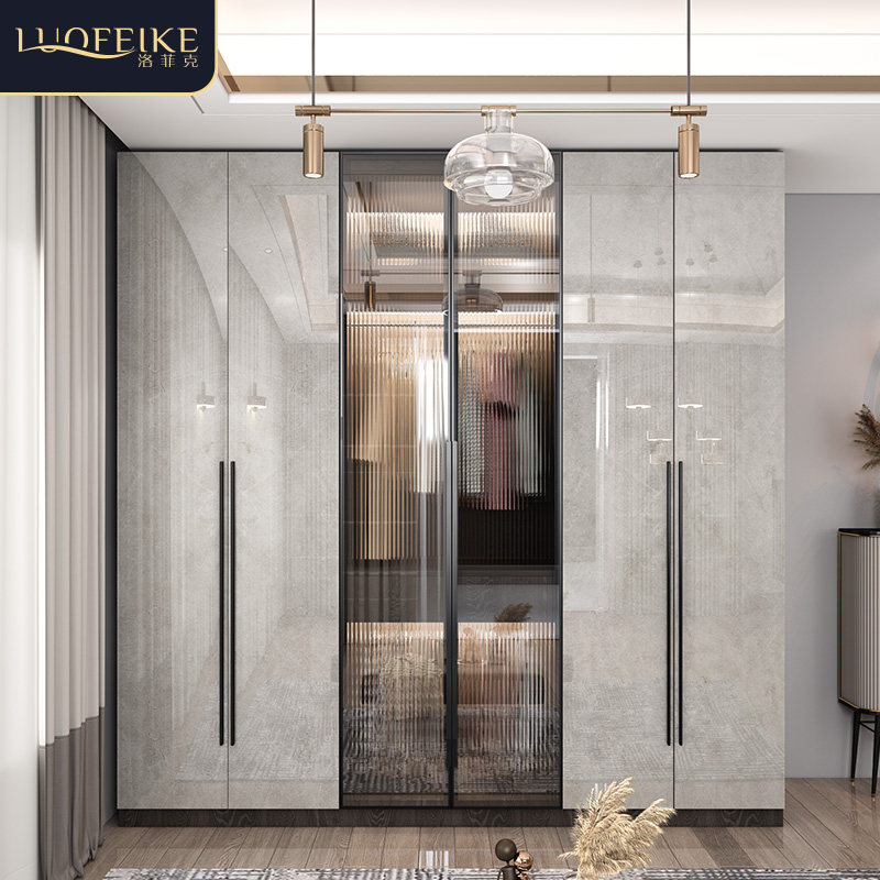 轻奢玻璃门衣柜家用卧室现代简约实木组装大衣橱板式极简柜子定制