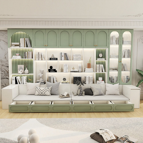 实木去客厅化沙发带书柜一体定制